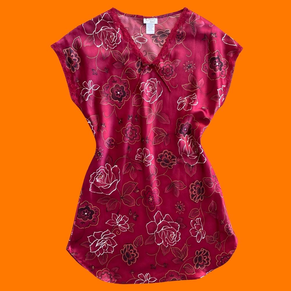00's vintage red rose floral satin lace y2k slip dress MEDIUM cinema etoile